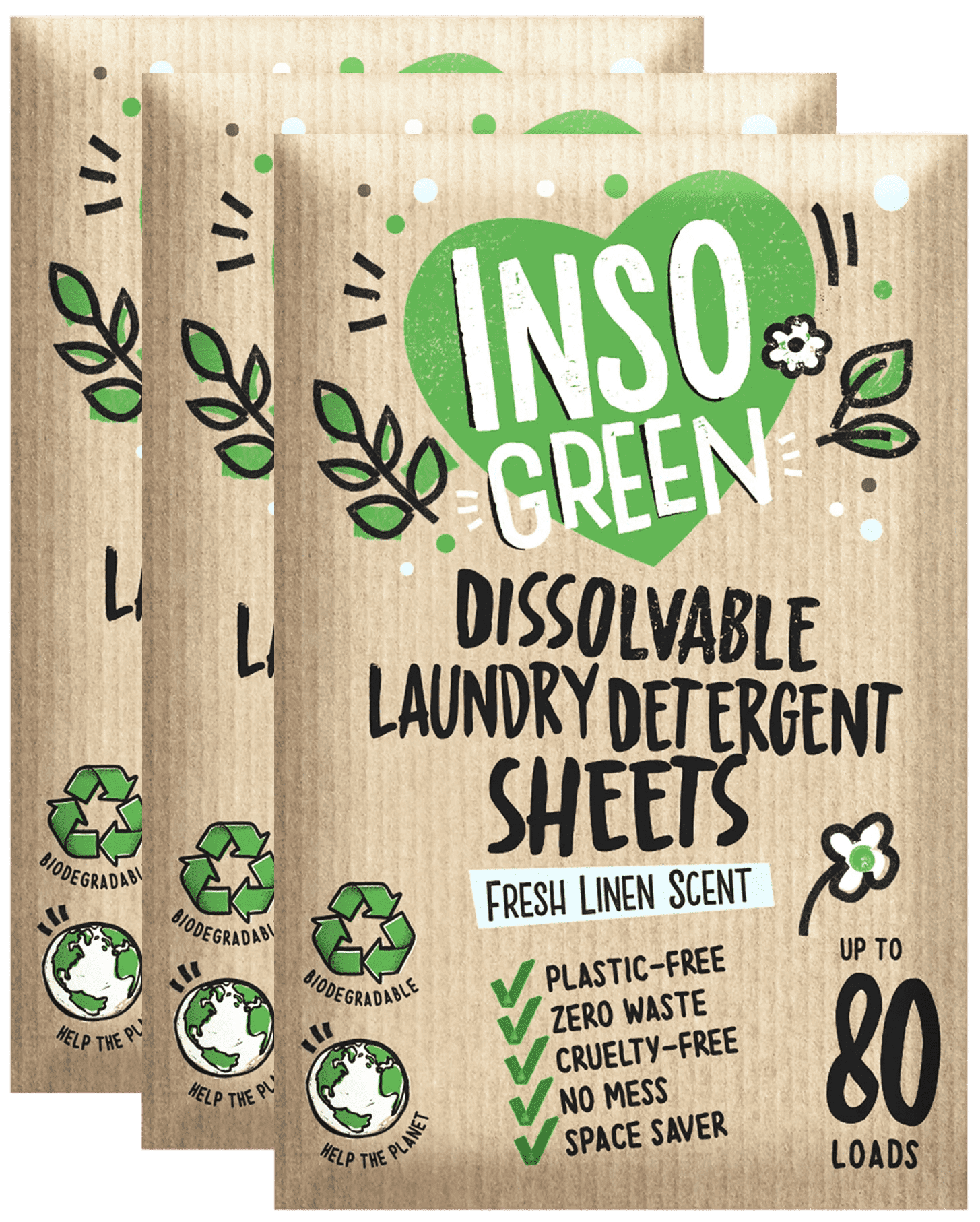 Inso Green Eco Laundry Detergent Sheets 80 Loads Zero Plastic Washer No  Mess